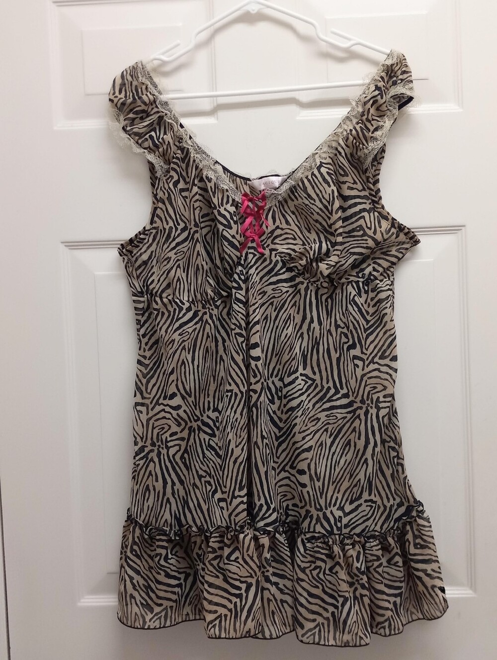 Cacique Zebra Print Babydoll Chemise Nightgown 22 24 Lace Trim Bow Y2K Coquette